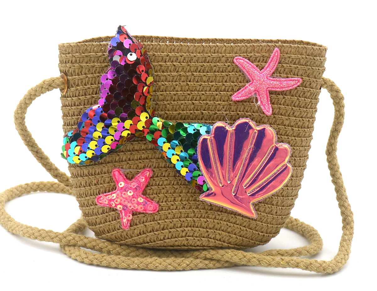 T-N6.1  BAG1120-002-3 Woven Kids Bag Mermaid 12.5x14.5x5.5cm Brown