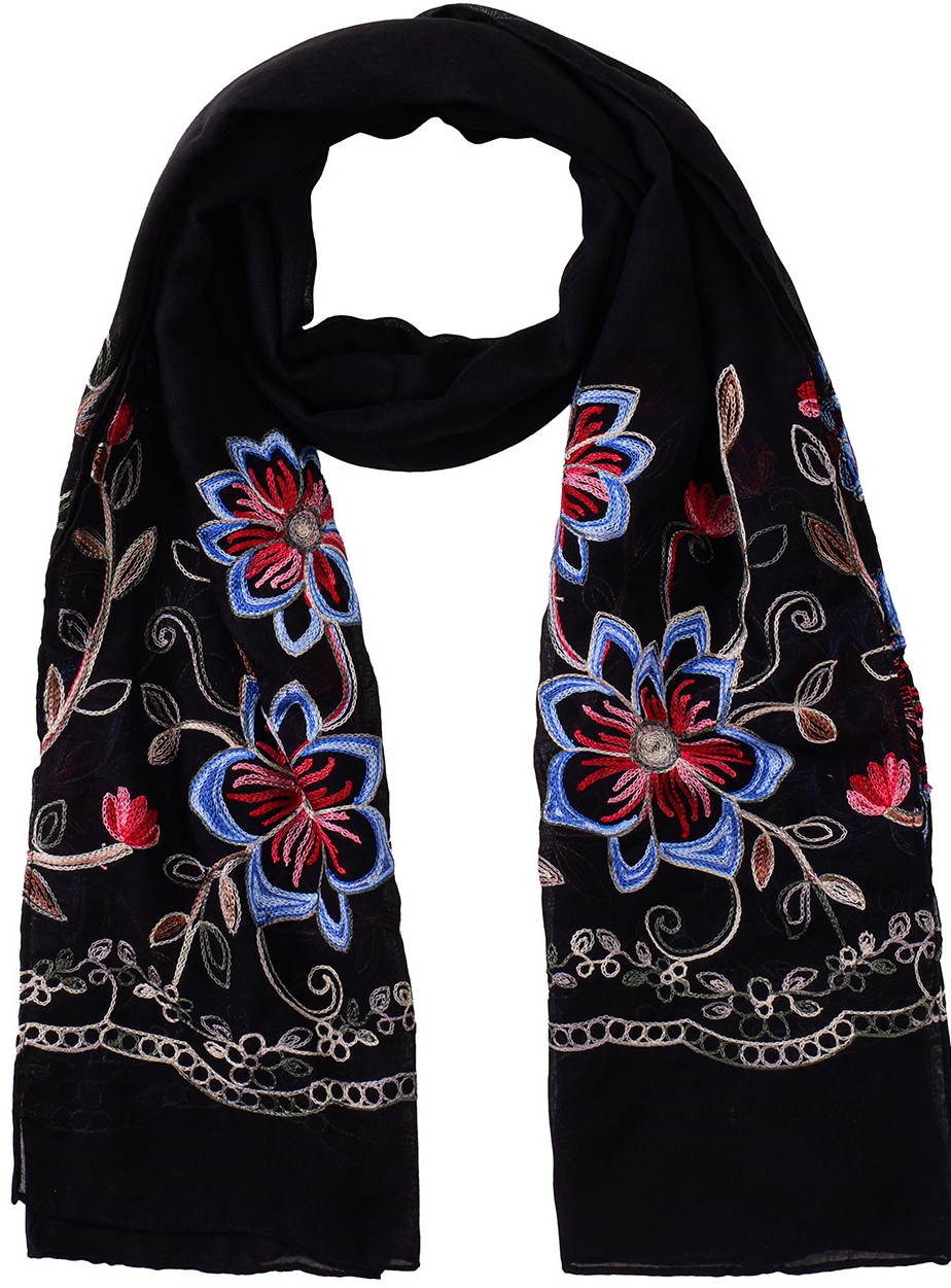 X-P1.1 SCARF1110-033-1 Scarf Embroidered Flowers 180x70cm - Black