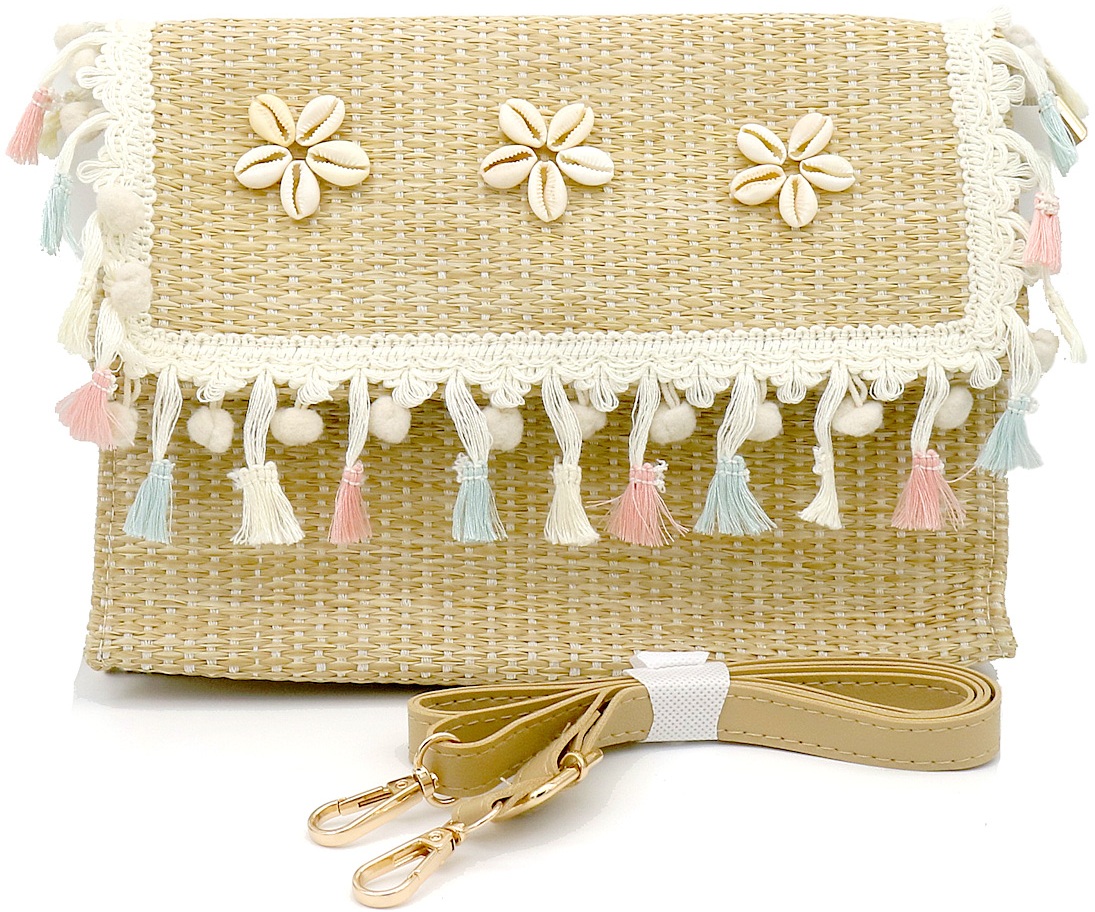 R-K7.2 BAG1119-001-1 Woven Bag Shells-Tassels 28x22x5cm