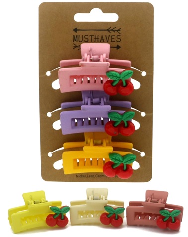 S-C1.2 H1127-003 Hair Claw 4.5cm Cherries Mixed Colors- 3pcs