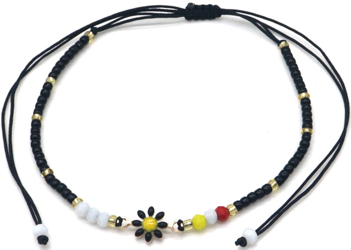 F-C20.4 ANK830-008-1 Anklet Glassbeads Flower Black