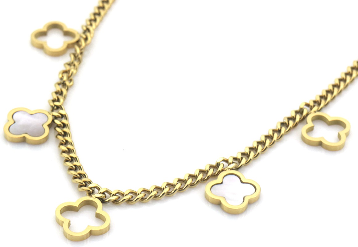 D-E11.1 N091-032G S. Steel Necklace Clovers MOP