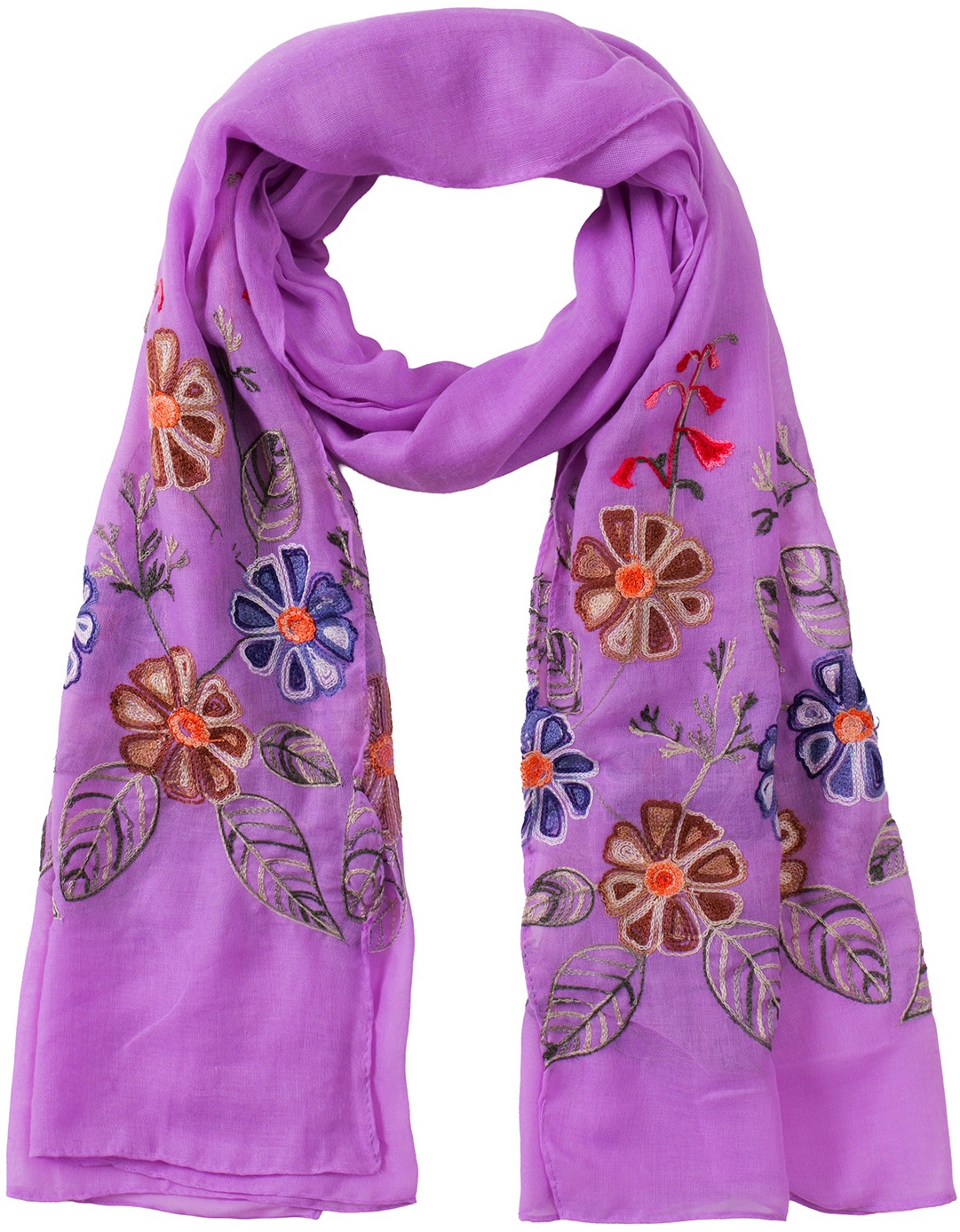X-Q7.1 SCARF1110-005-10 Scarf Embroidered Flowers 180x70cm - Purple
