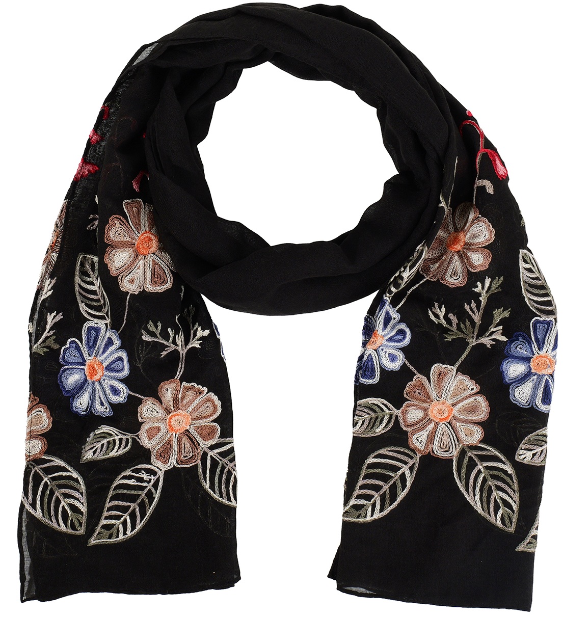 S-D5.2 SCARF1110-005-1 Summer Scarf Embroidered Flowers 180x70cm Black