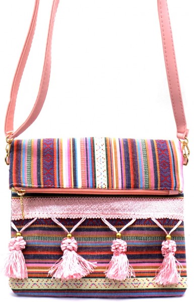 F-C25.1 BAG606-001B Woven Bohemian Bag Tassels Pink 25x24x3cm