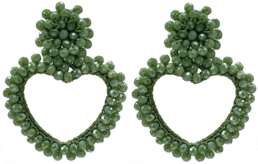 E-B20.1 E2591-136-4 Earrings Faceted Glass Beads Heart 6x4.5cm Green