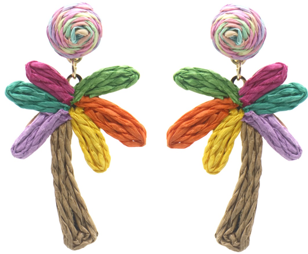 I-E21.3  E1028-011-3 Statement Earrings Palmtree 6.5x4cm Multi