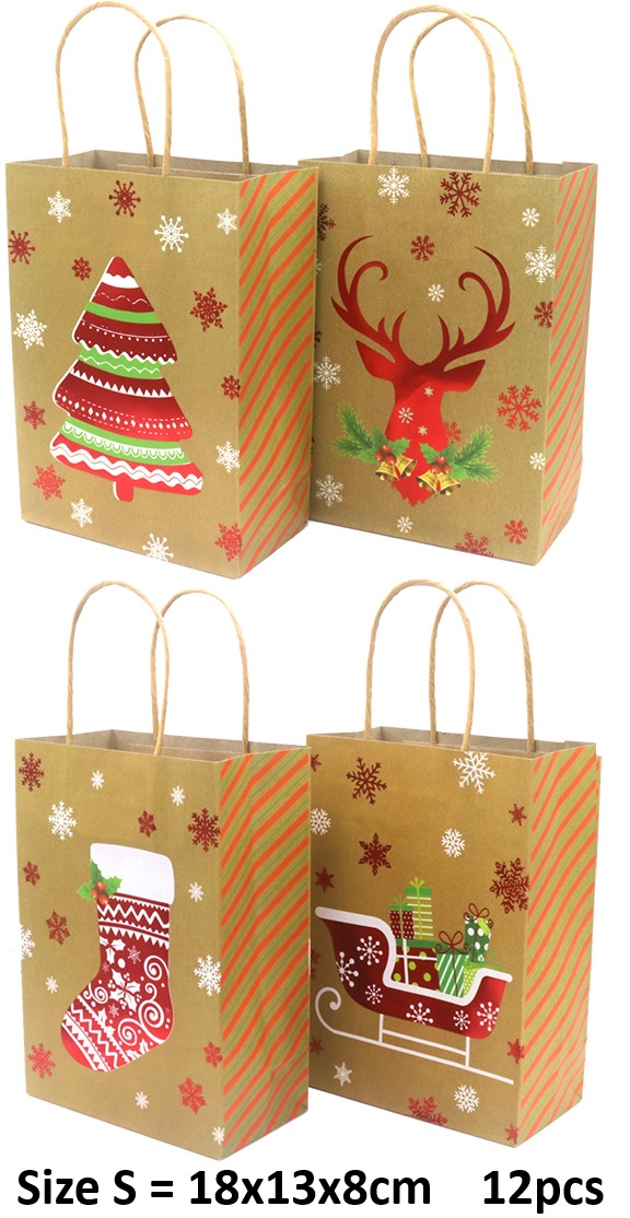 Q-O7.2 PK1009-001S Paper Gift Bag Christmas 18x13x8cm - Mixed Designs - 12pcs