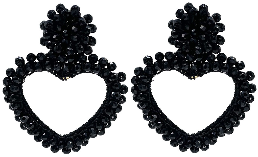 E-D19.5 E2591-136-2 Earrings Faceted Glass Beads Heart 6x4.5cm Black