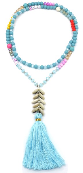 B-F23.1 N536-210C Long Necklace Beads Shells and Tassels 90cm Blue