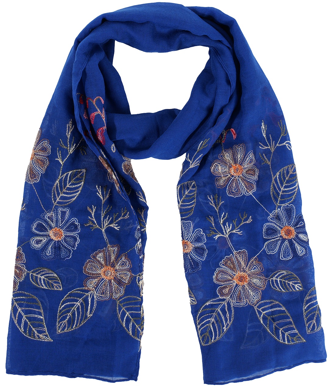 S-C4.4 SCARF1110-005-3 Summer Scarf Embroidered Flowers 180x70cm Blue