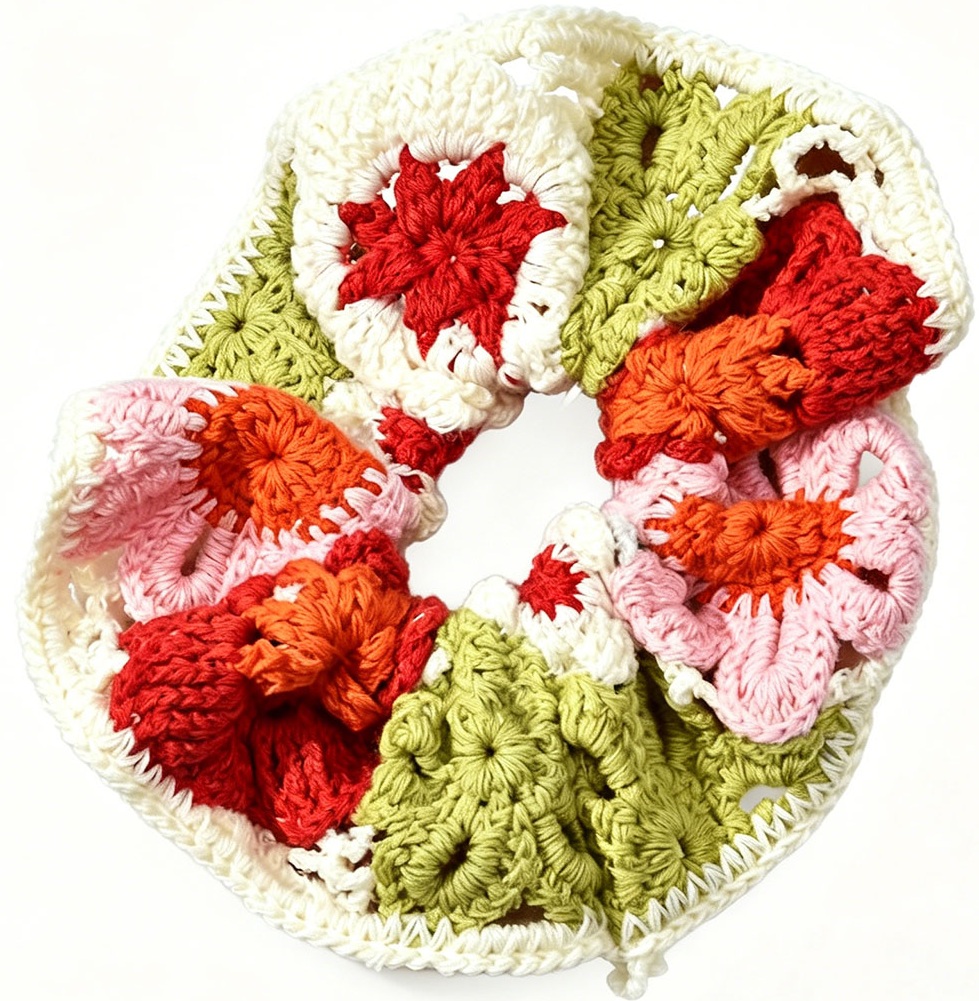 X-C6.1 H2622-009-5 Knitted Scrunchie 14cm - Flowers 