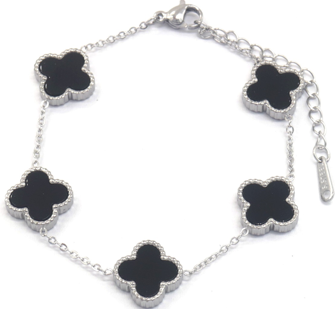 B-B7.2 B089-008S S. Steel Bracelet Clovers Black