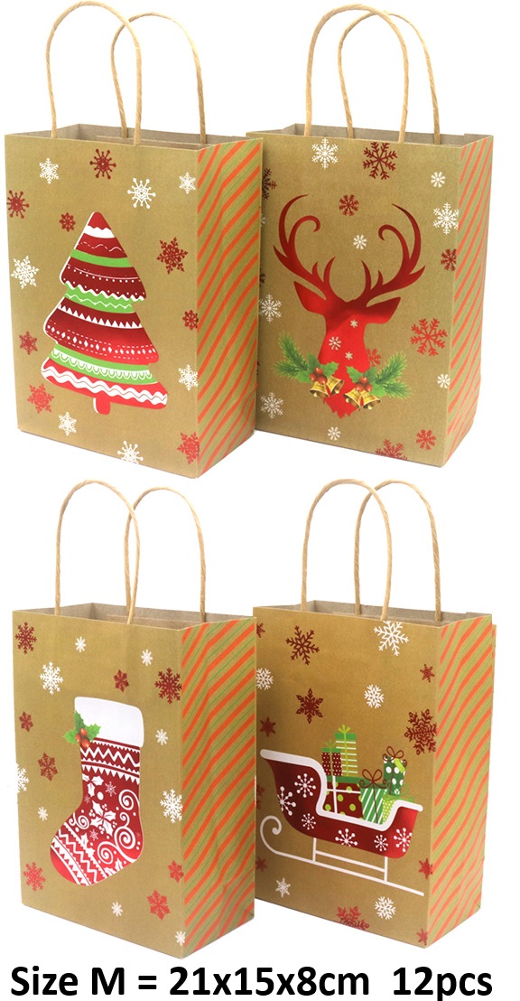 R-C8.2 PK1009-001M Paper Gift Bag Christmas 21x15x8cm -Mixed Designs - 12pcs
