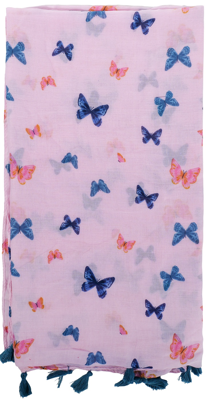 X-F10.1 SCARF1107-001-4 Summer Scarf Butterflies - Tassels 180x90cm