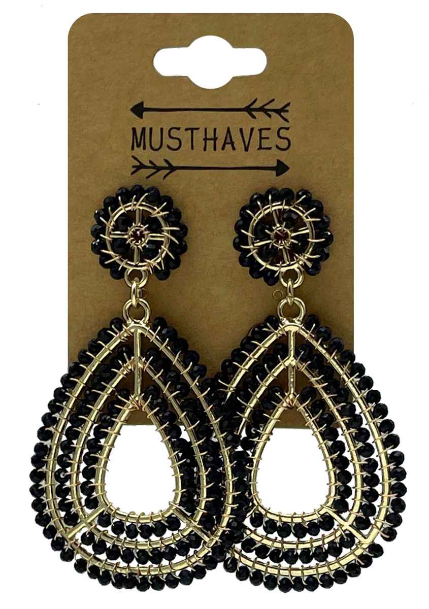 E-B18.1  E2591-142-2 Earrings Faceted Glass Beads Heart 6.5x3.5cm Black