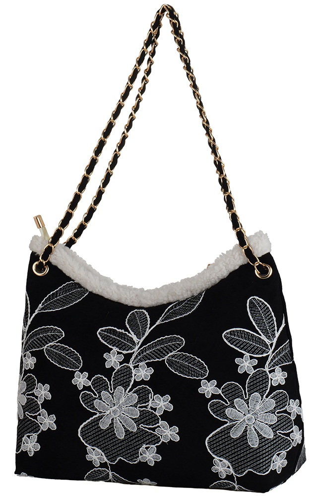 R-N7.1 BAG1021-024-2 PU Bag Embroidered Flowers 40x28x13cm Black