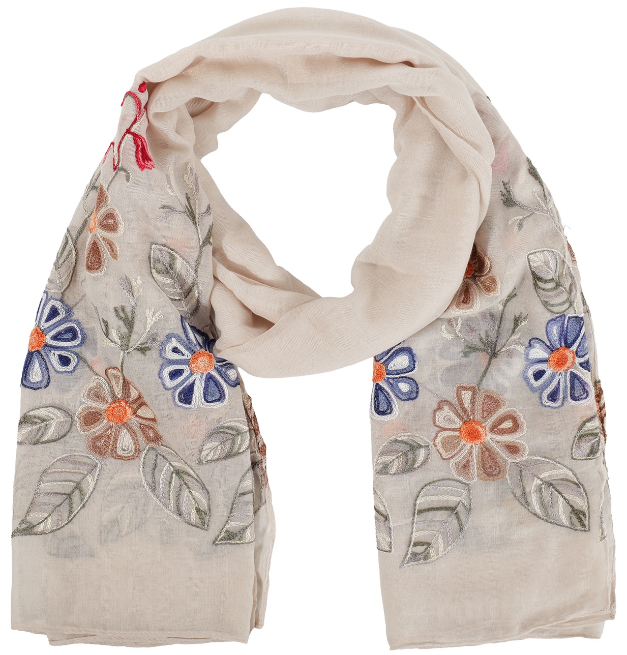 K-D4.1 SCARF1110-005-2 Scarf Embroidered Flowers 180x70cm - Beige