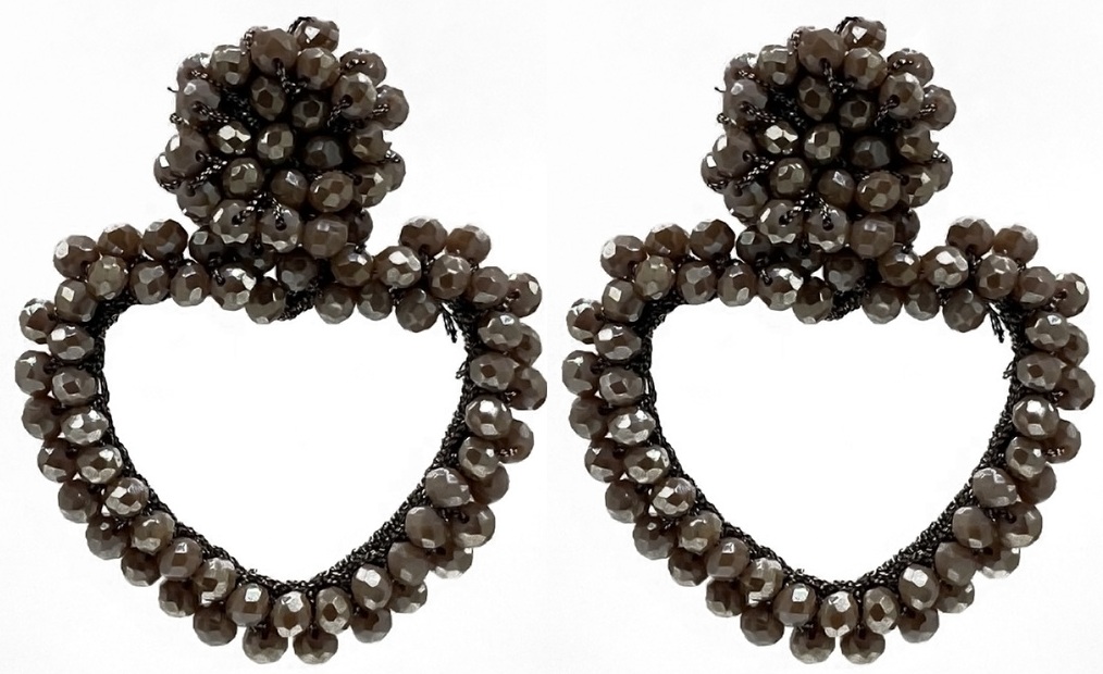 E-D6.3 E2591-136-1 Earrings Faceted Glass Beads Heart 6x4.5cm Brown