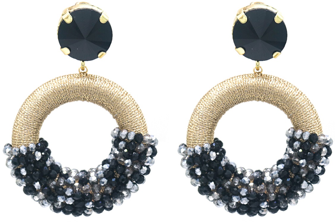 F-C11.2 E827-006 No.4 Crystal Beads Earrings 5.5x4 cm Black