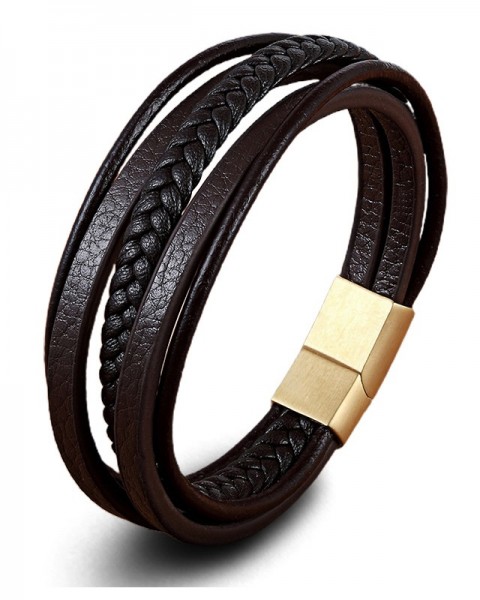 H-D8.2 B1642-015G S. Steel - Leather Bracelet 21cm Gold-Brown