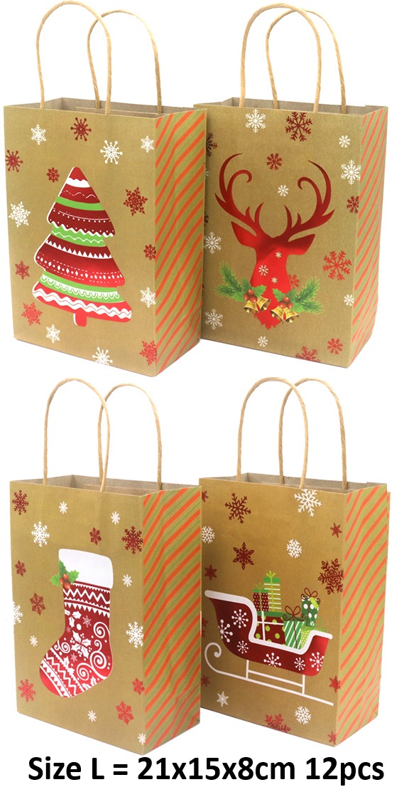 Q-L3.1 PK1009-001L Paper Gift Bag Christmas  27x21x11cm - Mixed Designs - 12pcs