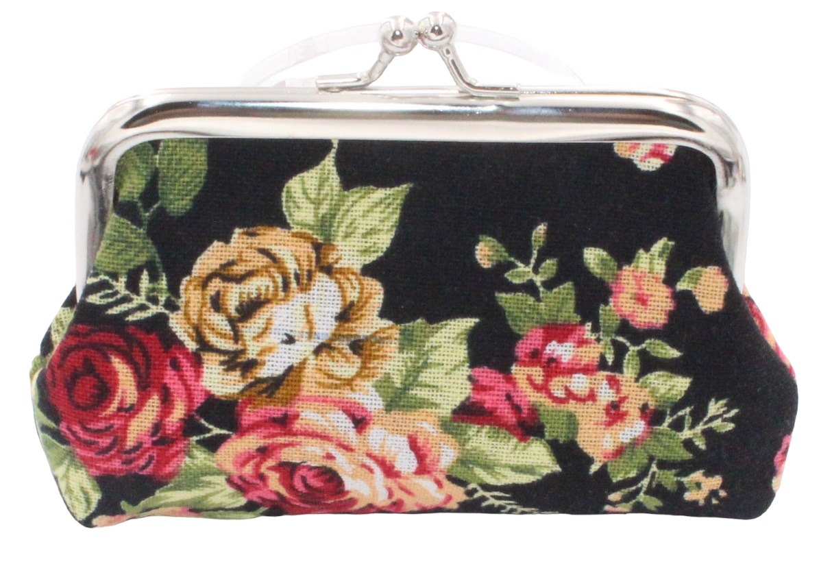 X-J2.2  WA100-004 Small PU Wallet Flowers  10x7cm Black