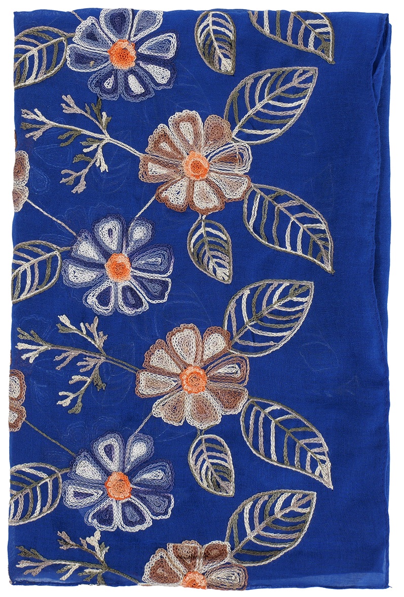 S-C4.4 SCARF1110-005-3 Summer Scarf Embroidered Flowers 180x70cm Blue