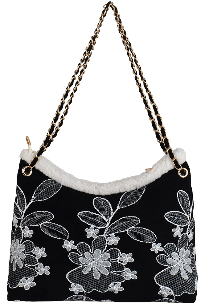 R-N7.1 BAG1021-024-2 PU Bag Embroidered Flowers 40x28x13cm Black