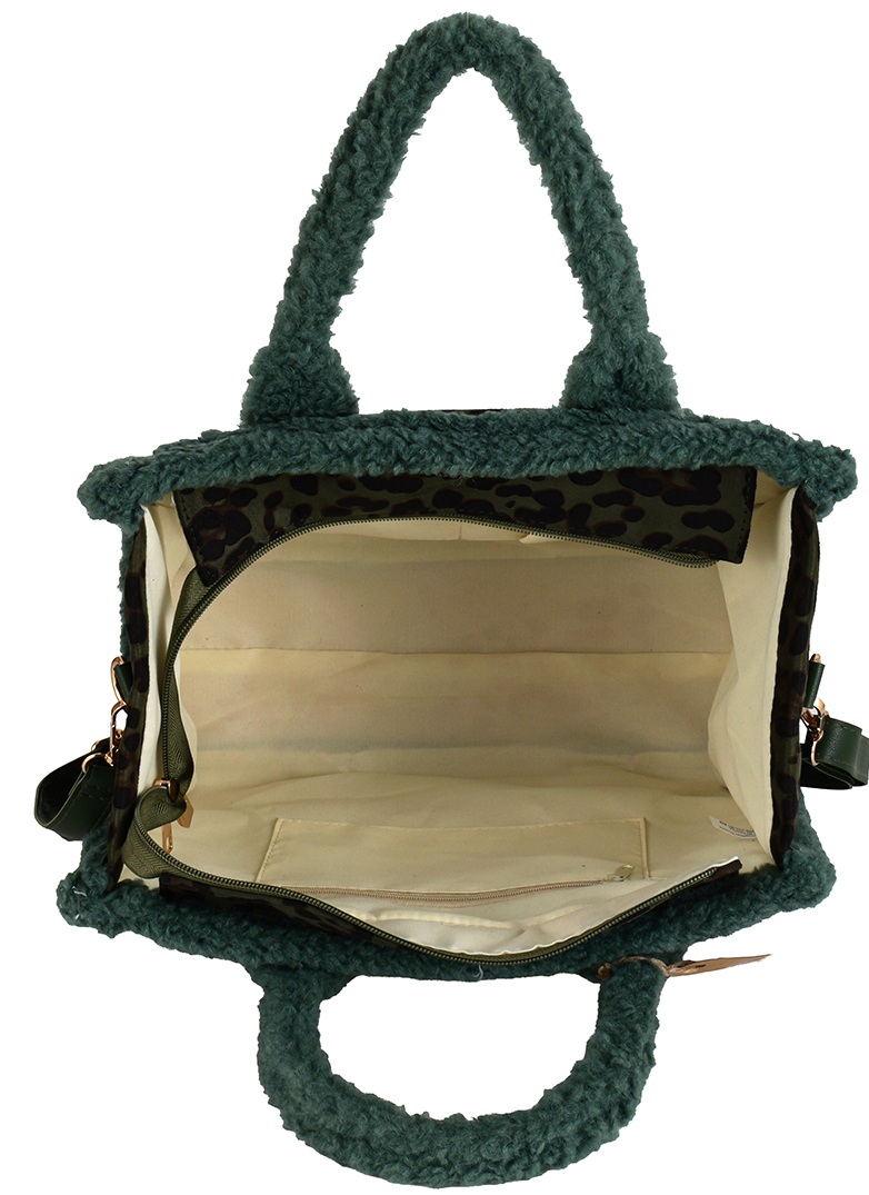 T-D8.1  BAG1021-014-3 Shopper Bag Teddy Leopard 33x26x13cm Green