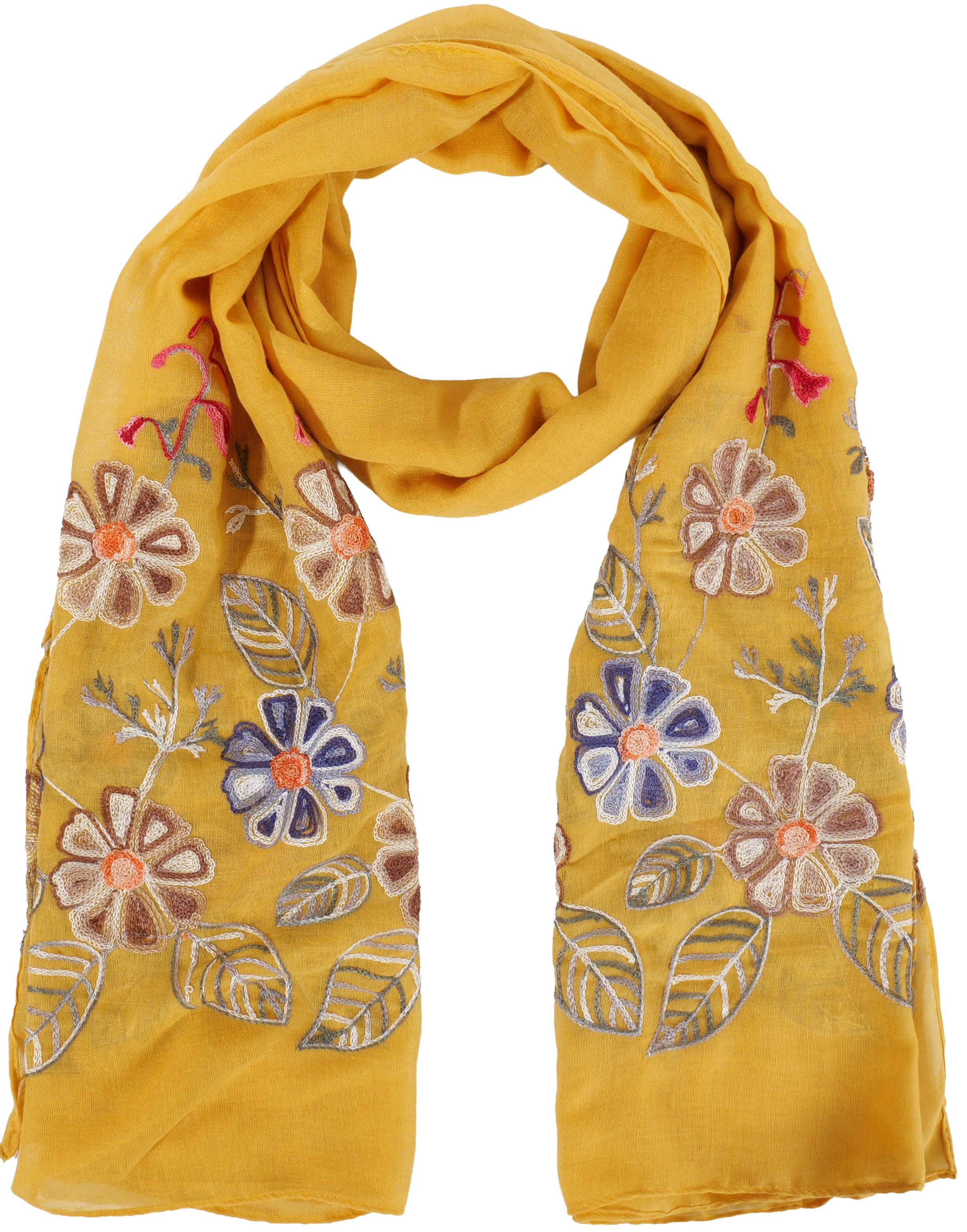 S-D4.2 SCARF1110-005-4 Summer Scarf Embroidered Flowers 180x70cm Yellow