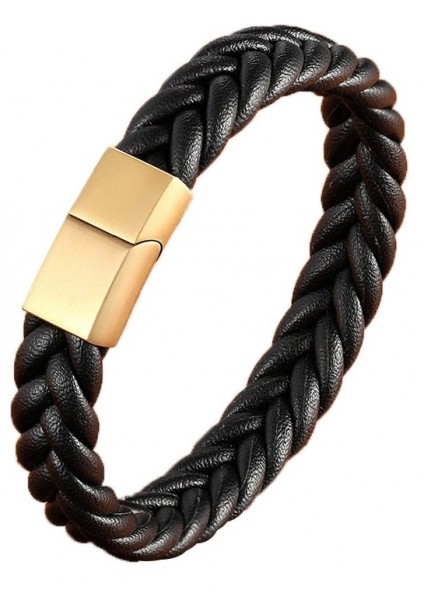 G-A21.3 B021-014G S. Steel with Leather Bracelet 21cm Gold-Black