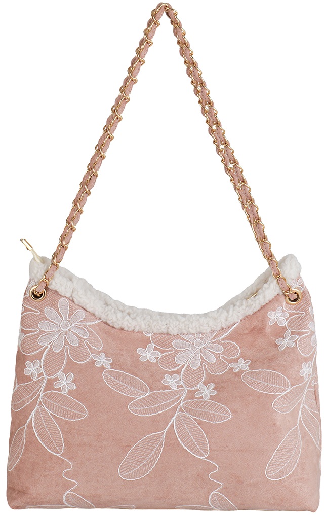R-H3.1 BAG1021-024-3 PU Bag Embroidered Flowers 40x28x13cm Pink
